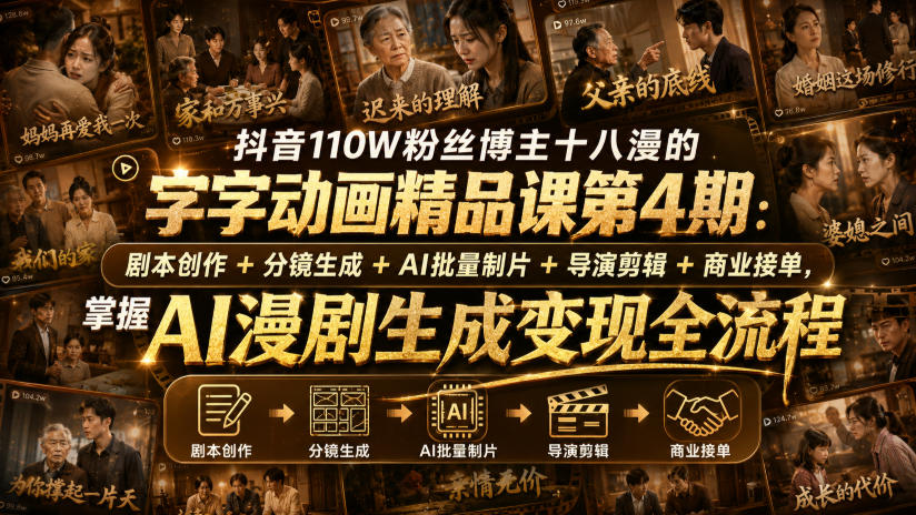 抖音110W粉丝博主十八漫的字字动画精品课第4期：剧本创作+分镜生成+剪辑+商业接单，掌握AI漫剧生成变现全流程-爱搭资源网