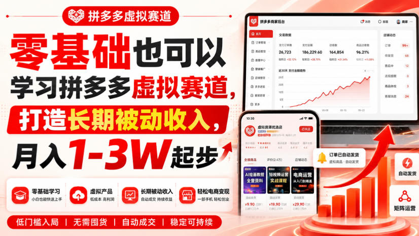 零基础也可以学习拼多多虚拟赛道，打造长期被动收入，月入1-3W起步-爱搭资源网
