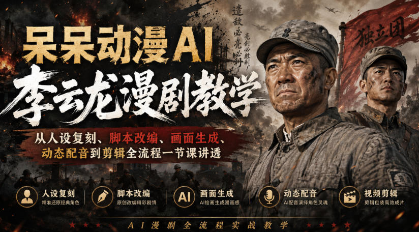 呆呆动漫AI李云龙漫剧教学，从人设复刻、脚本改编、画面生成、动态配音到剪辑全流程一节课讲透-爱搭资源网