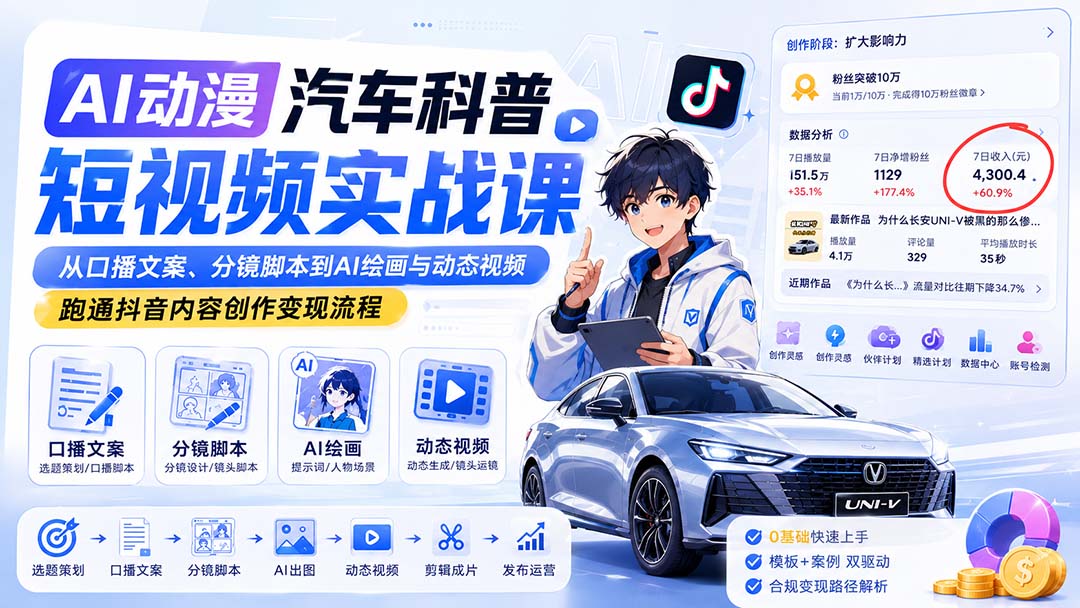AI动漫汽车科普短视频实战课：从口播文案、分镜脚本到AI绘画与动态视频，跑通抖音内容创作变现流程-爱搭资源网