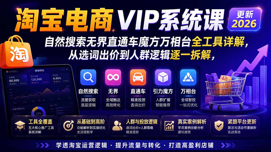 2026淘宝电商终局之战VIP课-更新：自然搜索+直通车+无界+精准人群，系统掌握测款动销与全店推广布局方法-爱搭资源网