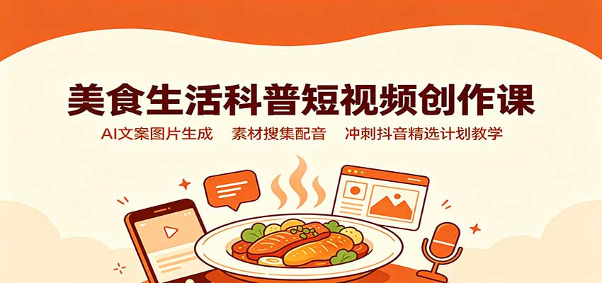 美食生活科普短视频创作课：AI文案图片生成，素材搜集配音，冲刺抖音精选计划教学-爱搭资源网