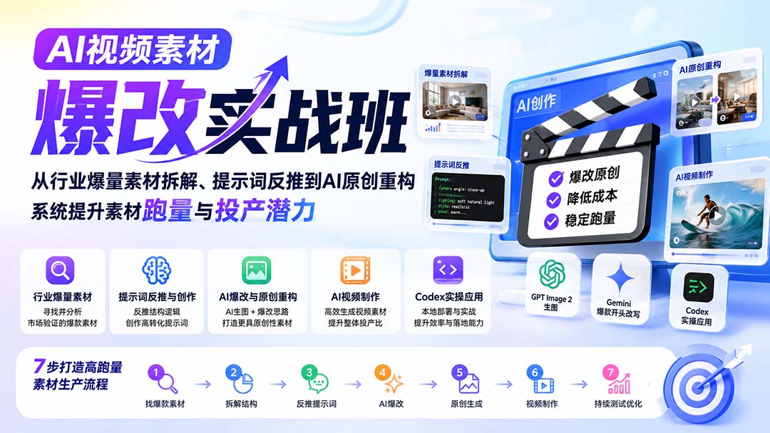 AI视频素材爆改实战班-更新8月：从行业爆量素材拆解、提示词反推到AI原创重构，系统提升素材跑量与投产潜力-爱搭资源网