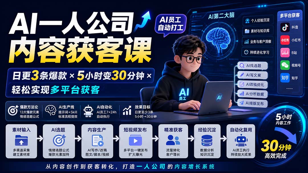 AI一人公司内容获客课-更新8月：日更3条爆款×5小时变30分钟×AI员工自动打工，轻松实现多平台获客-爱搭资源网