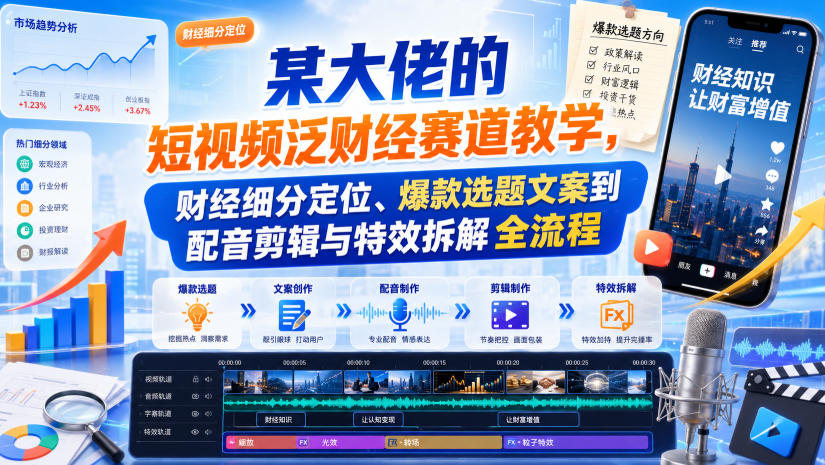 某大佬的短视频泛财经赛道教学，财经细分定位、爆款选题文案到配音剪辑与特效拆解全流程-爱搭资源网