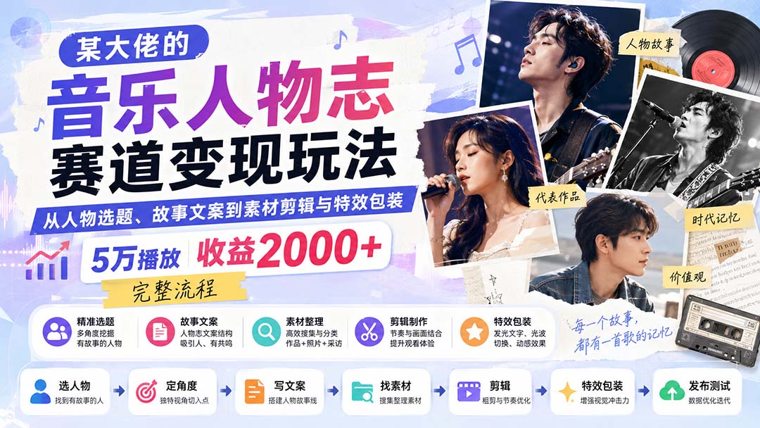 某大佬的音乐人物志赛道变现玩法：从人物选题、故事文案到素材剪辑与特效包装，5万播放收益2000+完整流程-爱搭资源网