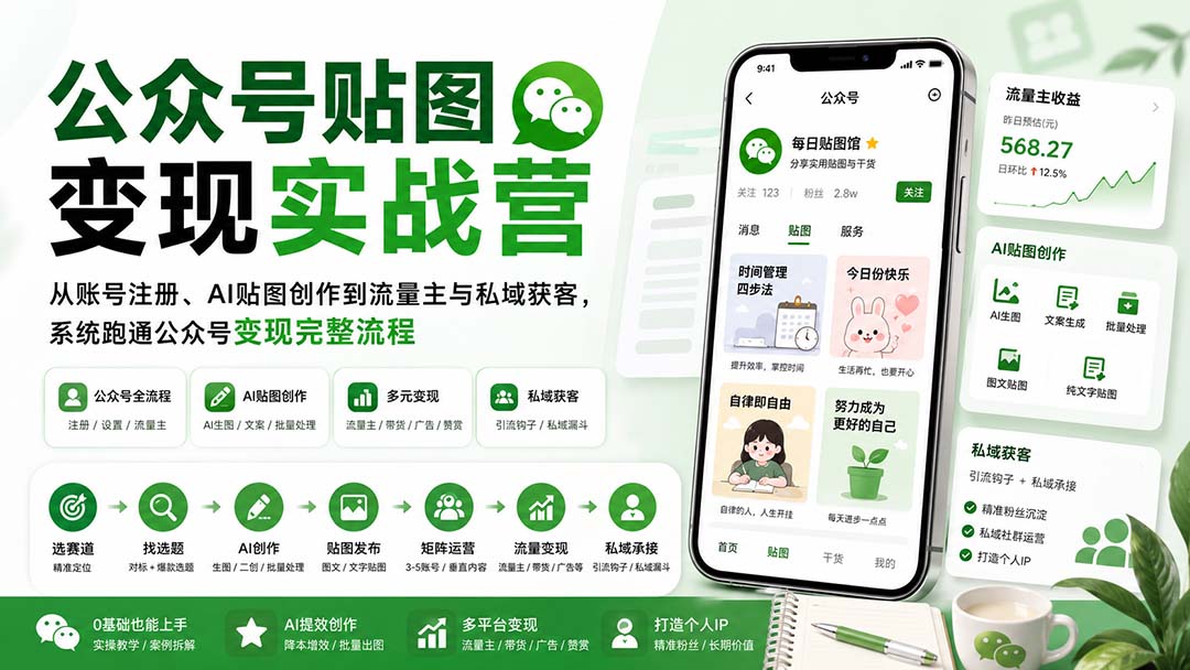 公众号贴图变现实战营：从账号注册、AI贴图创作到流量主与私域获客，系统跑通公众号变现完整流程-爱搭资源网