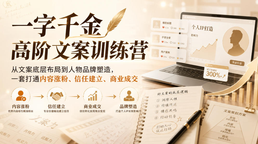一字千金高阶文案训练营，从文案底层布局到人物品牌塑造，一套打通内容涨粉、信任建立、商业成交-爱搭资源网