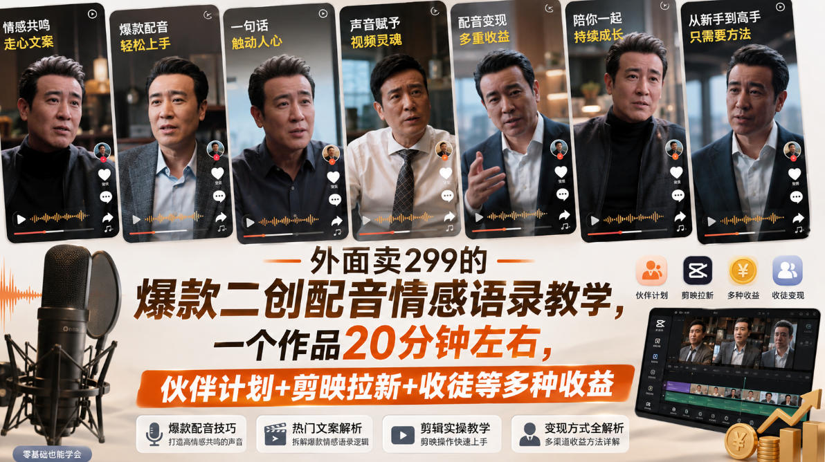 外面卖299的爆款二创配音情感语录教学，一个作品20分钟左右，伙伴计划+剪映拉新+收徒等多种收益-爱搭资源网