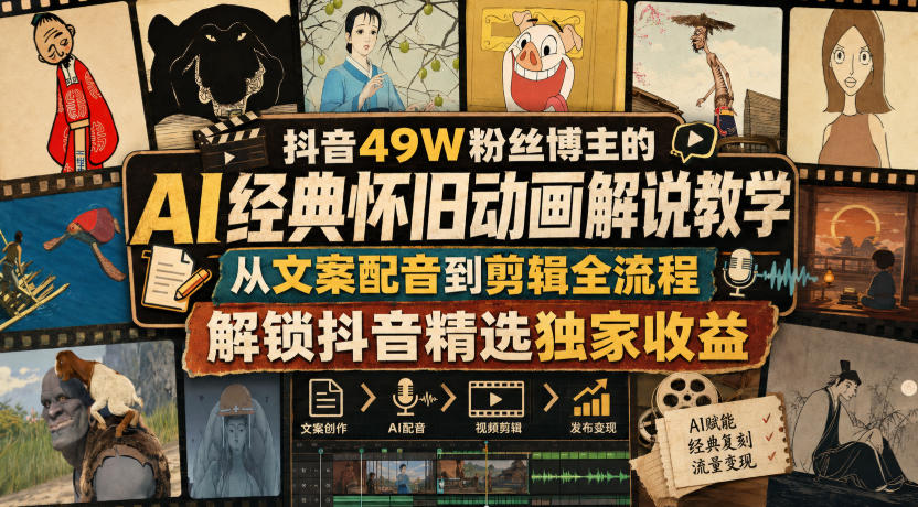 抖音49W粉丝博主的AI经典怀旧动画解说教学，从文案配音到剪辑全流程，解锁抖音精选独家收益-爱搭资源网