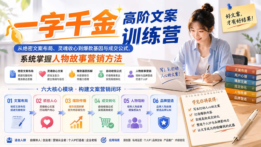 一字千金高阶文案训练营：从绝密文案布局、灵魂收心到爆款基因与成交公式，系统掌握人物故事营销方法-爱搭资源网