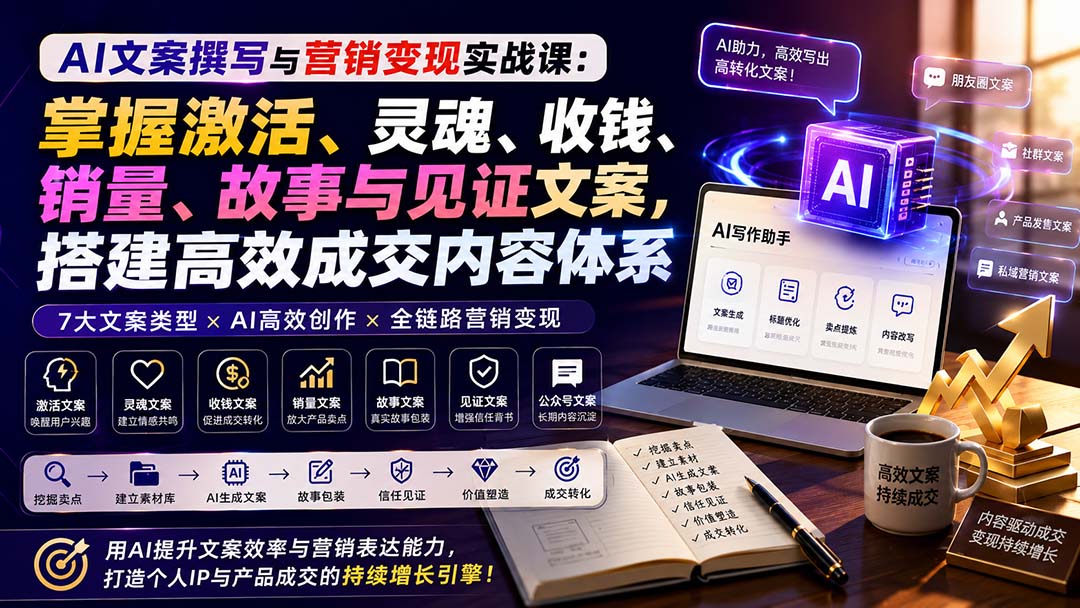 AI文案撰写与营销变现实战课：掌握激活、灵魂、收钱、销量、故事与见证文案，搭建高效成交内容体系-爱搭资源网