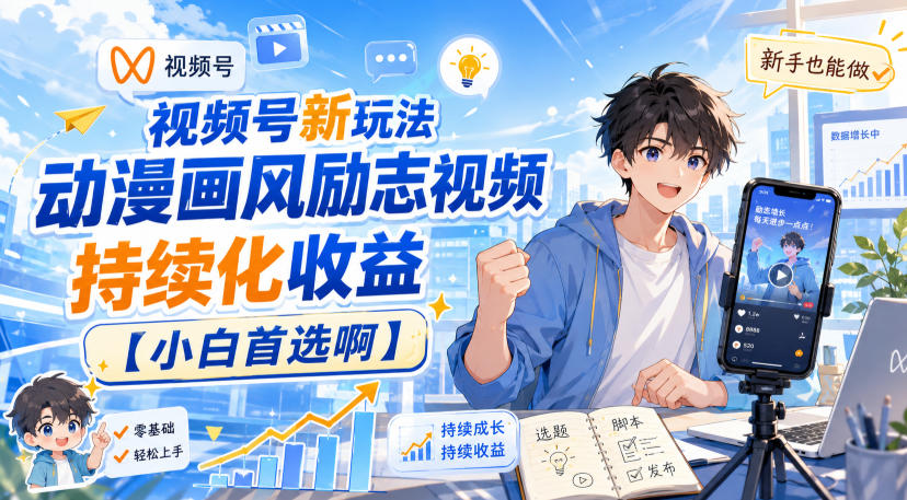 视频号新玩法动漫画风励志视频，持续化收益【小白首选啊】-爱搭资源网