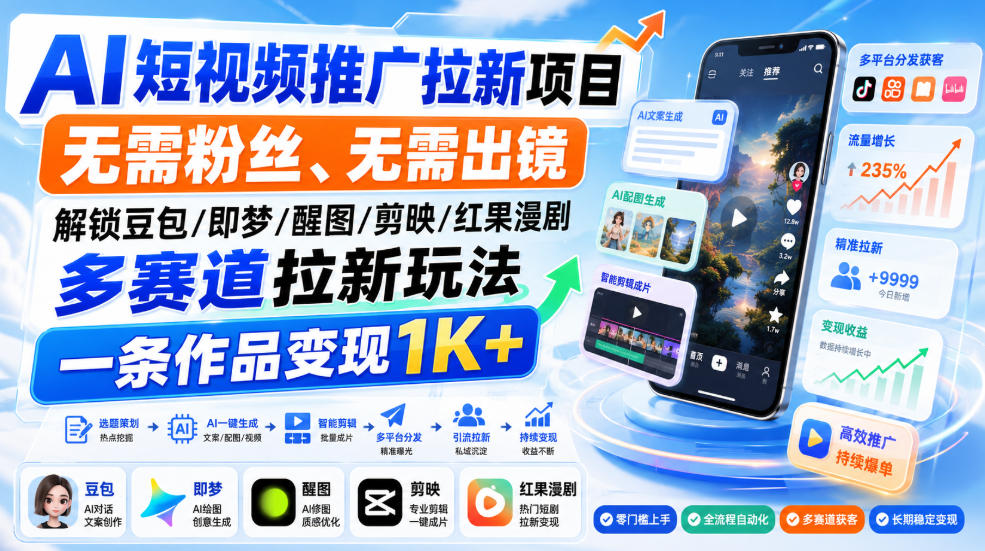 AI短视频推广拉新项目，无需粉丝、无需出镜，解锁豆包/即梦/醒图/剪映/红果漫剧多赛道拉新玩法，一条作品变现1K+-爱搭资源网