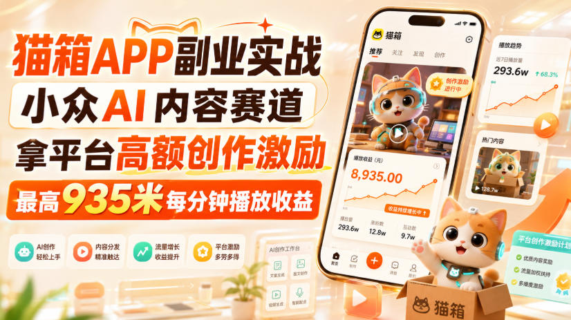 猫箱APP副业实战，小众AI内容赛道，拿平台高额创作激励，最高935米每分钟播放收益-爱搭资源网