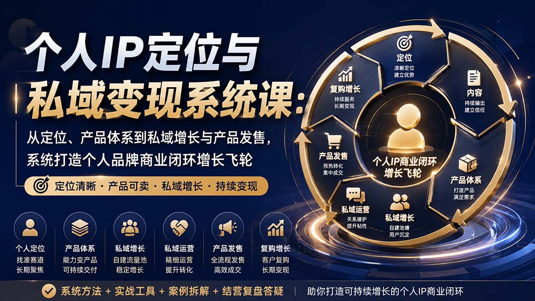 个人IP定位与私域变现系统课：从定位、产品体系到私域增长与产品发售，系统打造个人品牌商业闭环增长飞轮-爱搭资源网