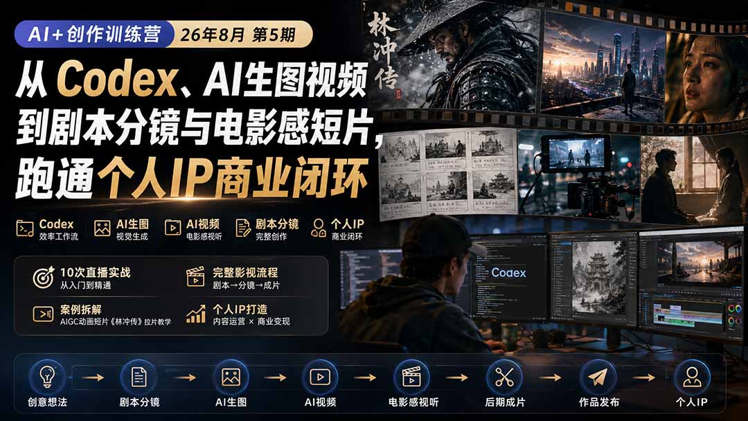 AI+创作训练营26年8月第5期：从Codex、AI生图视频到剧本分镜与电影感短片，跑通个人IP商业闭环-爱搭资源网