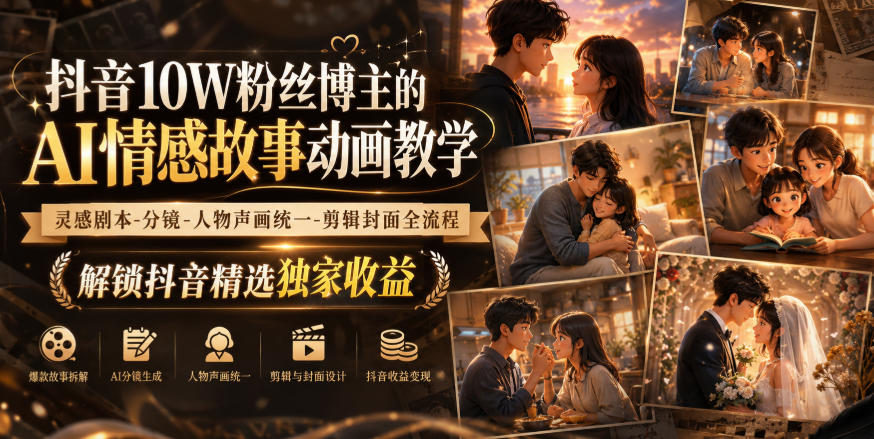 抖音10W粉丝博主的AI情感故事动画教学，灵感剧本‑分镜‑人物声画统一‑剪辑封面全流程，解锁抖音精选独家收益-爱搭资源网