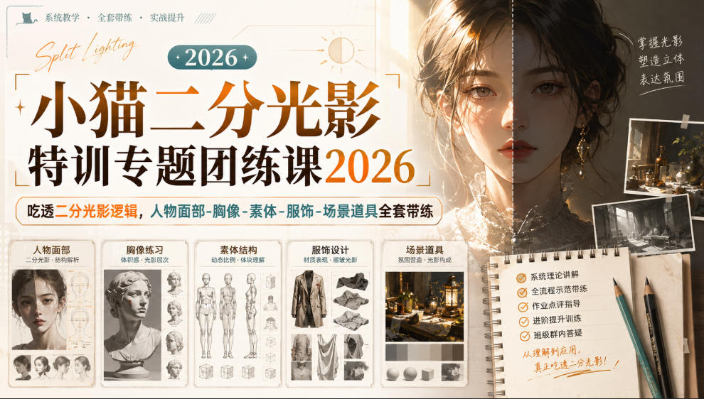小猫二分光影特训专题团练课2026｜吃透二分光影逻辑，人物面部‑胸像‑素体‑服饰‑场景道具全套带练，高清画质附赠课件与笔刷-爱搭资源网