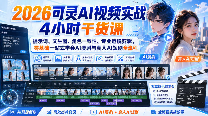 2026可灵AI视频实战4小时干货课｜提示词、文生图、角色一致性、专业运镜剪辑，零基础一站式学会AI漫剧与真人AI短剧全流程-爱搭资源网