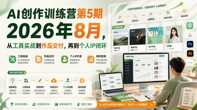 AI创作训练营第5期2026年8月，从工具实战到作品交付，再到个人IP闭环-爱搭资源网
