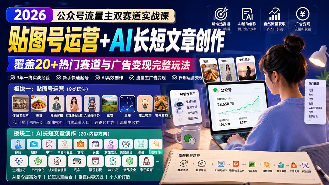 公众号流量主双赛道实战课：贴图号运营+AI长短文章创作，覆盖20+热门赛道与广告变现完整玩法-爱搭资源网