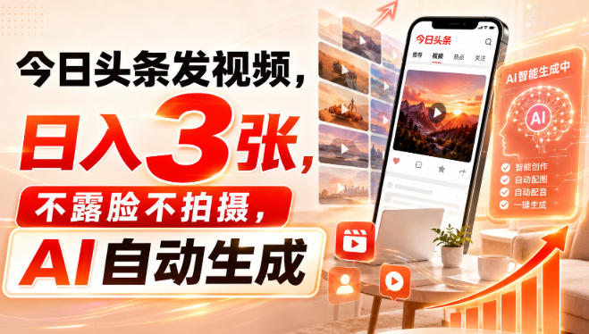 今日头条发视频，日入3张，不露脸不拍摄，AI自动生成-爱搭资源网