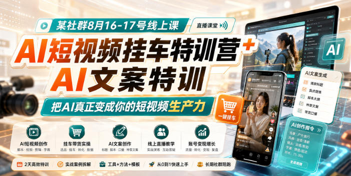 某社群8月16-17号线上课，AI短视频挂车特训营+AI文案特训，把AI真正变成你的短视频生产力-爱搭资源网