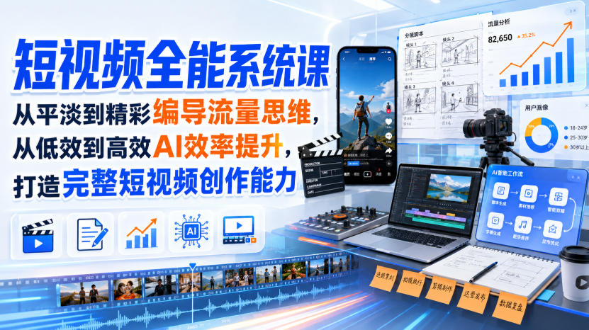 短视频全能系统课，从平淡到精彩编导流量思维，从低效到高效AI效率提升，打造完整短视频创作能力(2026年8月30更新233集)-爱搭资源网
