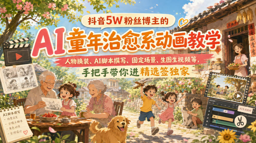 抖音5W粉丝博主的AI童年治愈系动画教学，人物换装、AI脚本撰写、固定场景、生图生视频等，手把手带你进精选签独家-爱搭资源网