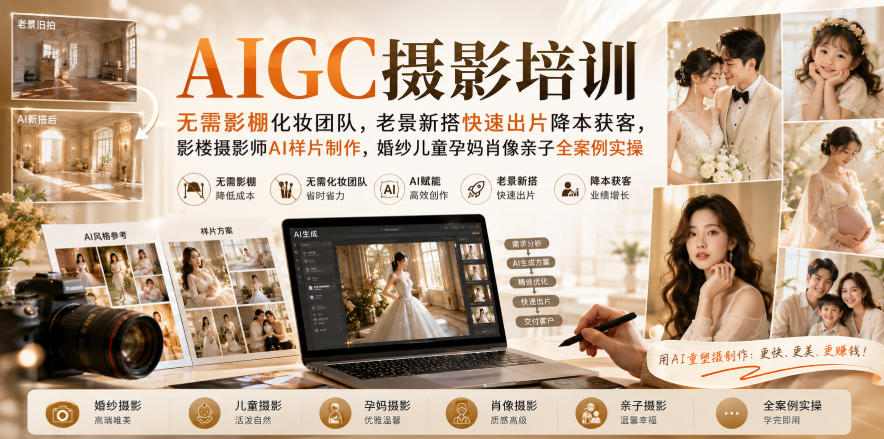 AIGC摄影培训｜无需影棚化妆团队，老景新搭快速出片降本获客，影楼摄影师AI样片制作，婚纱儿童孕妈肖像亲子全案例实操-爱搭资源网