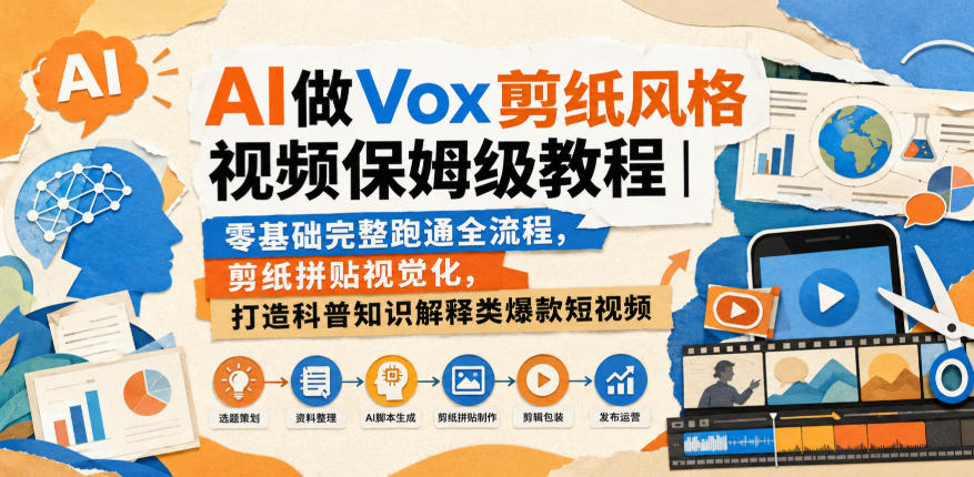 AI做Vox剪纸风格视频保姆级教程｜零基础完整跑通全流程，剪纸拼贴视觉化，打造科普知识解释类爆款短视频-爱搭资源网