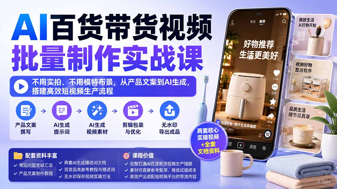 AI百货带货视频批量制作实战课：不用实拍、不用模特布景，从产品文案到AI生成，搭建高效短视频生产流程-爱搭资源网