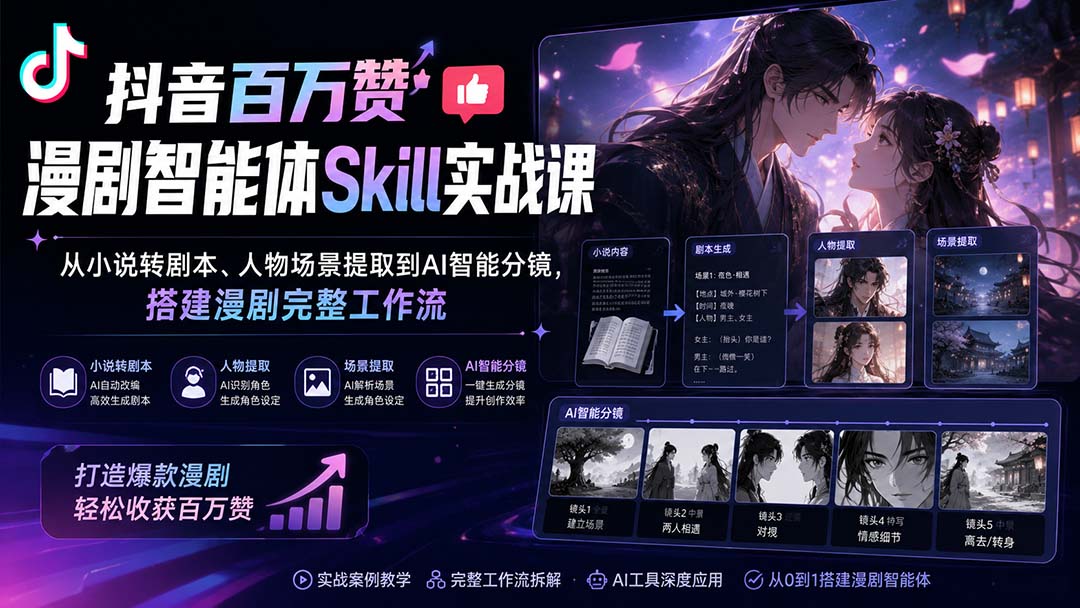 抖音百万赞漫剧智能体Skill实战课：从小说转剧本、人物场景提取到AI智能分镜，搭建漫剧完整工作流-爱搭资源网