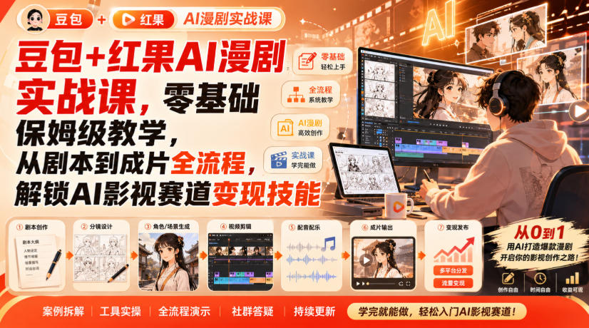 豆包+红果AI漫剧实战课，零基础保姆级教学，从剧本到成片全流程，解锁AI影视赛道变现技能-爱搭资源网