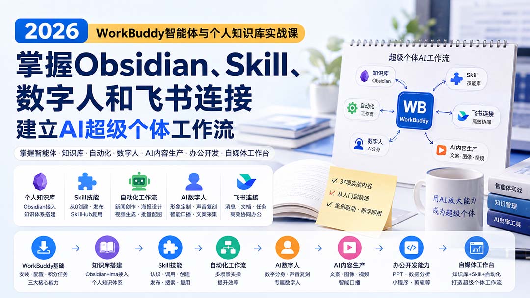 2026 WorkBuddy智能体与个人知识库实战课：掌握Obsidian、Skill、数字人和飞书连接，建立AI超级个体工作流-爱搭资源网
