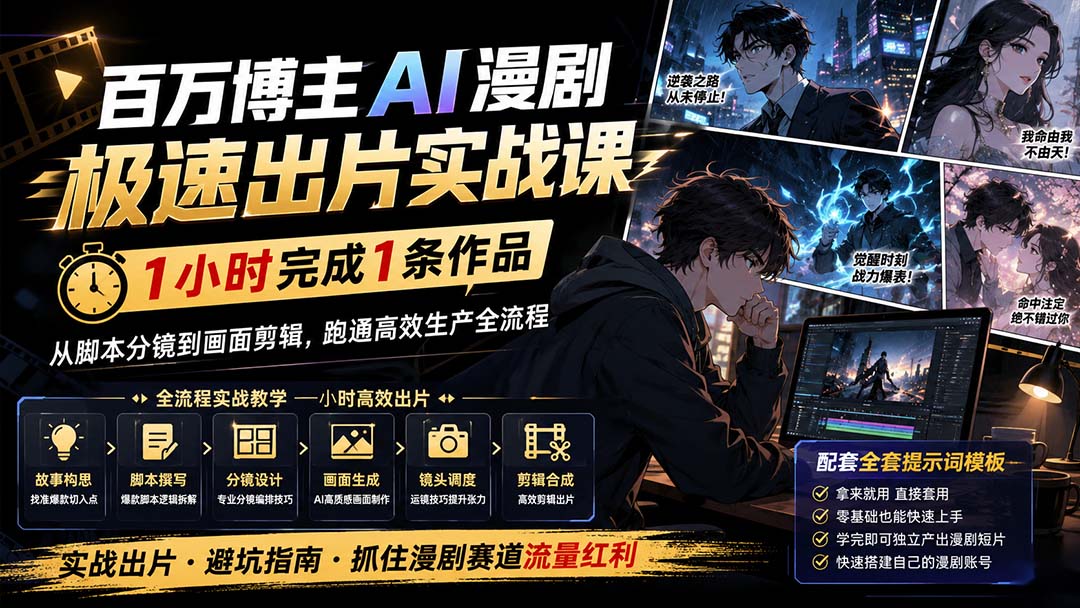 百万博主AI漫剧极速出片实战课：1小时产出条作品，从脚本分镜到画面剪辑，跑通高效生产全流程-爱搭资源网