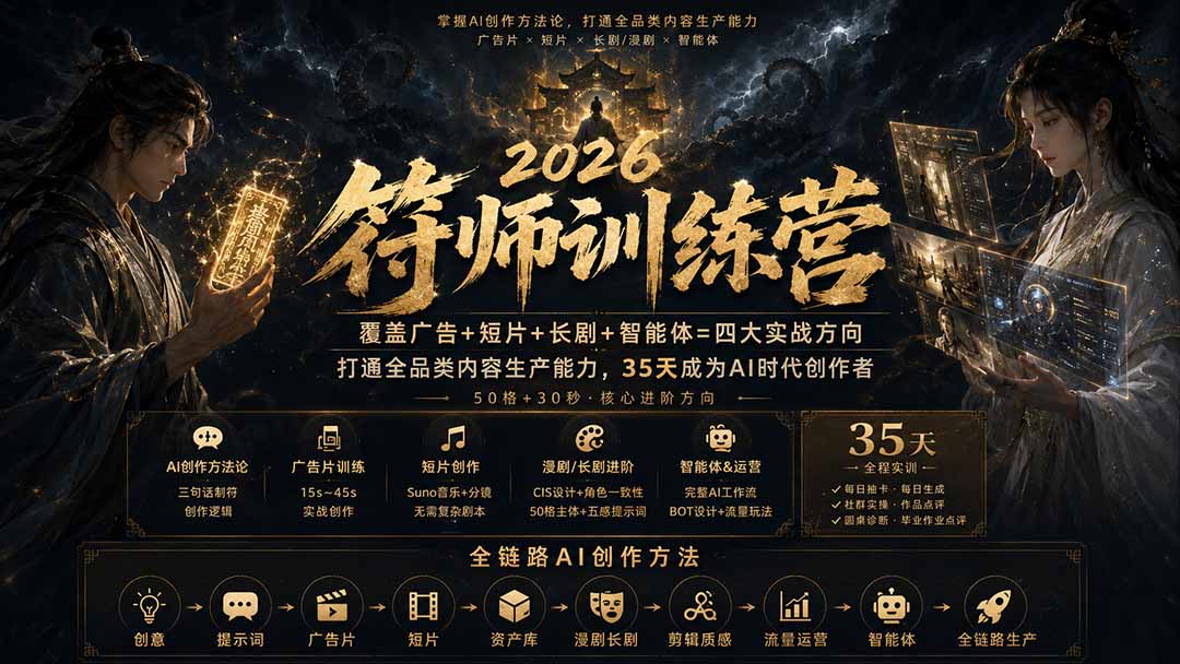 符师训练营-35天成为AI时代创作者，广告+短片+漫剧+智能体四大实战方向，掌握从创意到上线的完整工作流-爱搭资源网