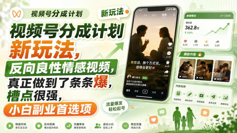 视频号分成计划新玩法，反向良性情感视频，真正做到了条条爆，槽点很强，小白副业首选项-爱搭资源网