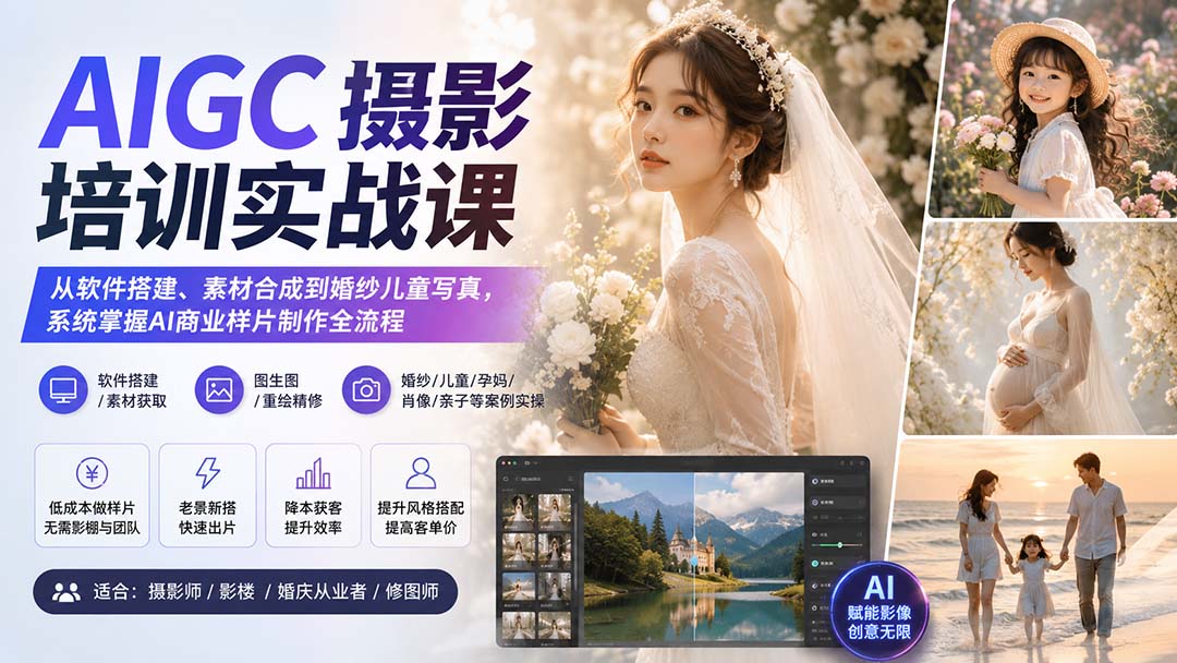 AIGC摄影培训实战课：从软件搭建、素材合成到婚纱儿童写真，系统掌握AI商业样片制作全流程-爱搭资源网
