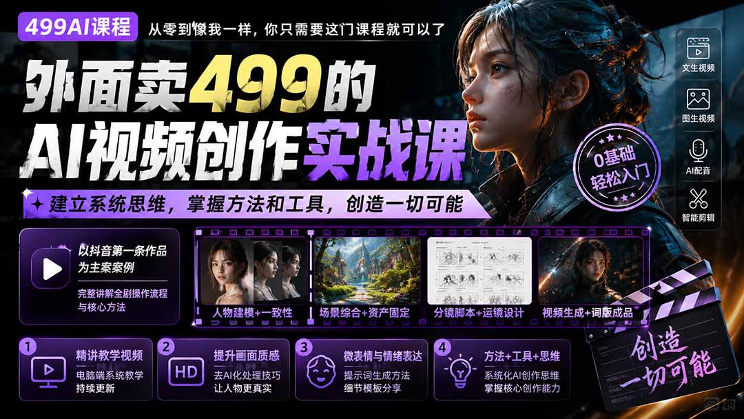 外面卖499的AI视频创作实战课：建立系统思维，掌握方法和工具，创造一切可能。-爱搭资源网
