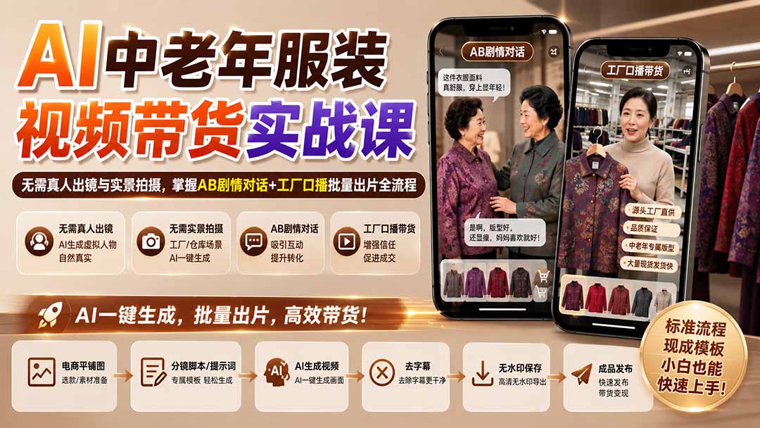 AI中老年服装视频带货实战课：无需真人出镜与实景拍摄，掌握AB剧情对话+工厂口播批量出片全流程-爱搭资源网