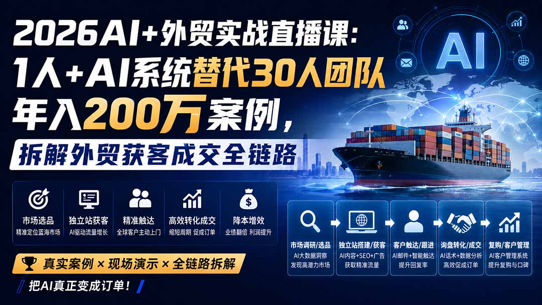 2026AI+外贸实战直播课：1人+AI系统替代30人团队年入200万案例，拆解外贸获客成交全链路-爱搭资源网