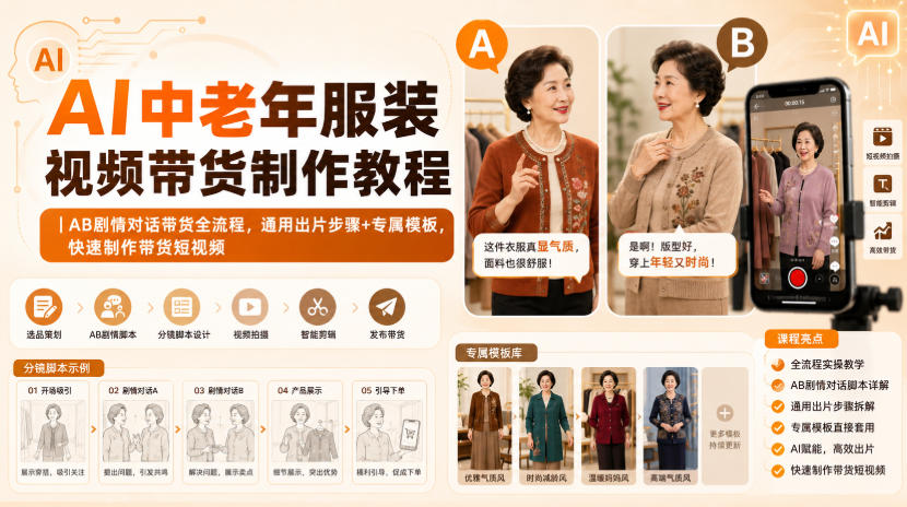 AI中老年服装视频带货制作教程｜AB剧情对话带货全流程，通用出片步骤+专属模板，快速制作带货短视频-爱搭资源网