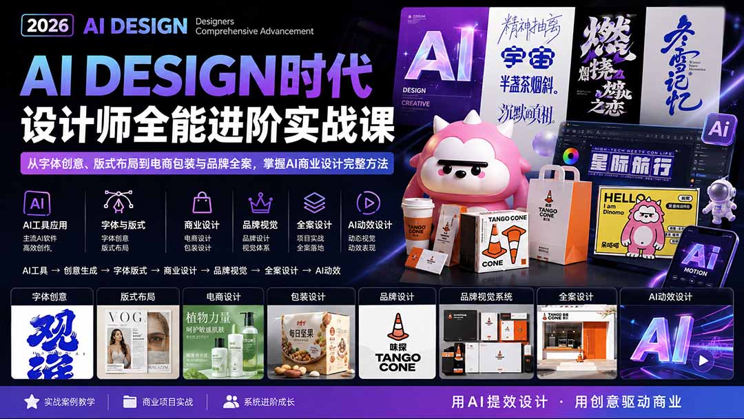 2026AI DESIGN时代设计师全能进阶实战课：从字体创意、版式布局到电商包装与品牌全案，掌握AI商业设计完整方法-爱搭资源网