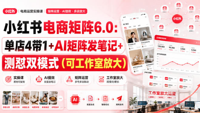 小红书电商矩阵6.0：单店4带1+AI矩阵发笔记+测怼双模式(可工作室放大)-爱搭资源网