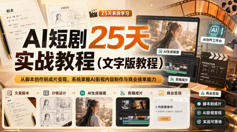 AI短剧25天实战教程(文字版教程)，从脚本创作到成片变现，系统掌握AI影视内容制作与商业接单能力-爱搭资源网