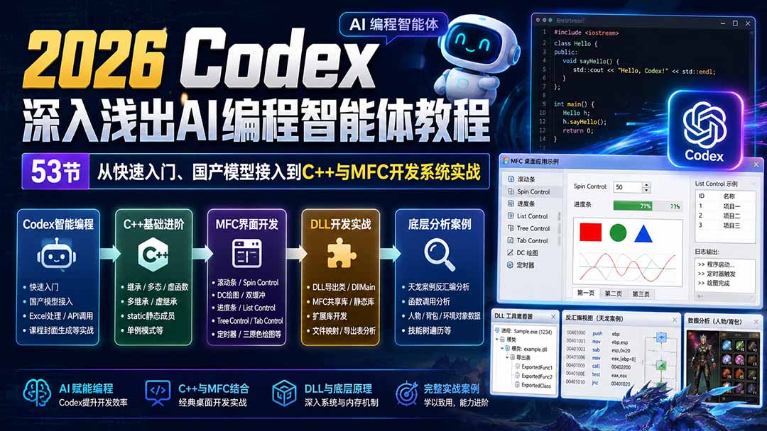 2026 Codex深入浅出AI编程智能体教程：53节从快速入门、国产模型接入到C++与MFC开发系统实战-爱搭资源网