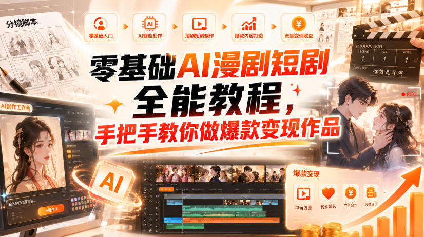 零基础AI漫剧短剧全能教程，从AI智能体搭建、文案脚本分镜、多平台AI生视频、剪映精修，覆盖全题材创作，手把手教你做爆款变现作品-爱搭资源网