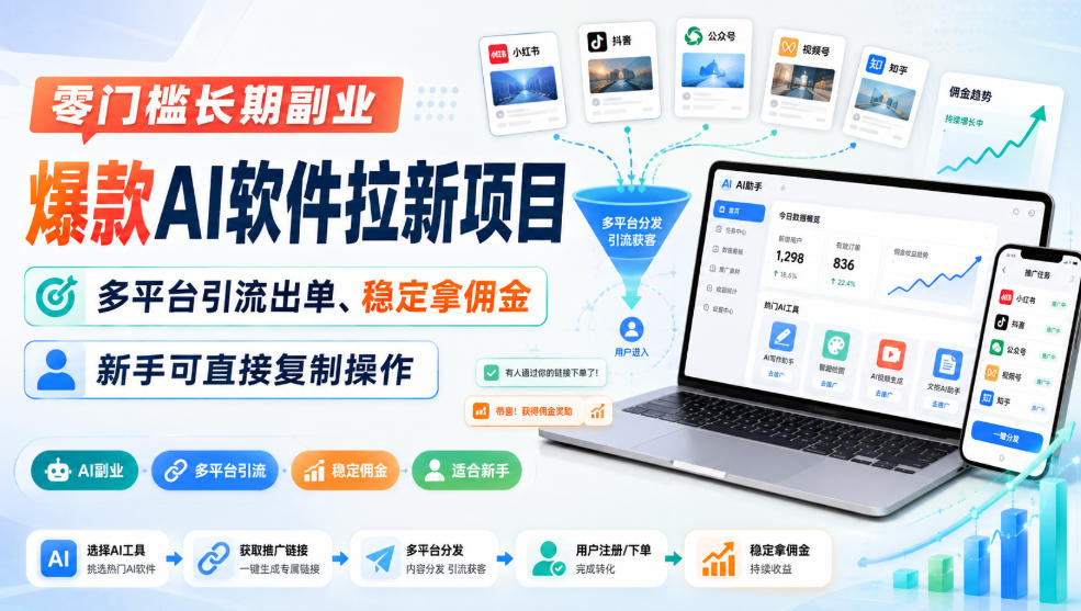 零门槛长期副业，爆款AI软件拉新项目，多平台引流出单、稳定拿佣金，新手可直接复制操作-爱搭资源网
